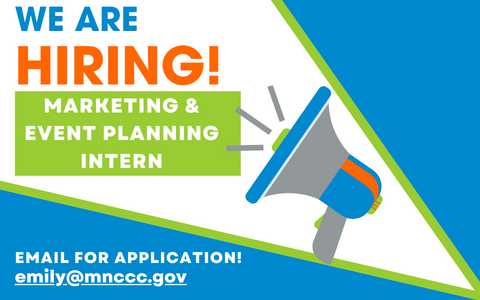 MnCCC is hiring image with blue, green, and orange accents. A bullhorn faces the announcement.